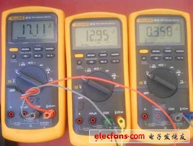 图 5:万用表显示 17.11V 太阳能电池板输出，12.95V 电池充电电压；3.58A 电池充电电流