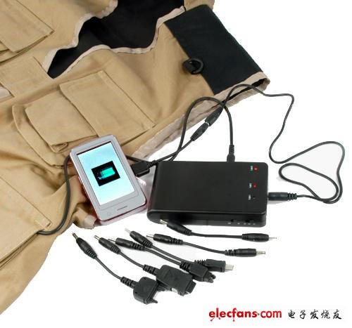 太阳能背心充电器，内置有4块太阳能电池板，可以产生8，800mAh的电流